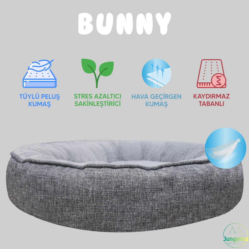 Bunny, Donut Şeklinde, Stres Azaltıcı, Yüksek Kaliteli Peluş Kumaşlı, Yıkanabilir Kedi ve Köpek Yatağı (Gri) - Jungolica Pet Products