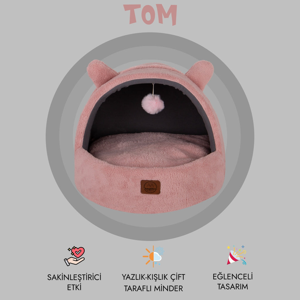 Tom, Çıkarılabilir Minderli, Ultra Yumuşak, Konforlu, Üstü Kapalı Tasarım Kedi Yatağı (Pembe) - Jungolica Pet Products